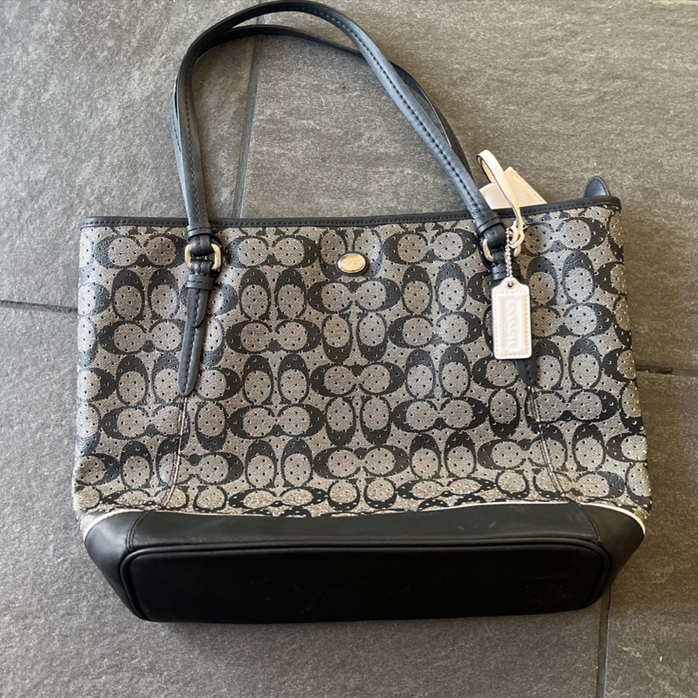 Coach black and grey perforated leather tote